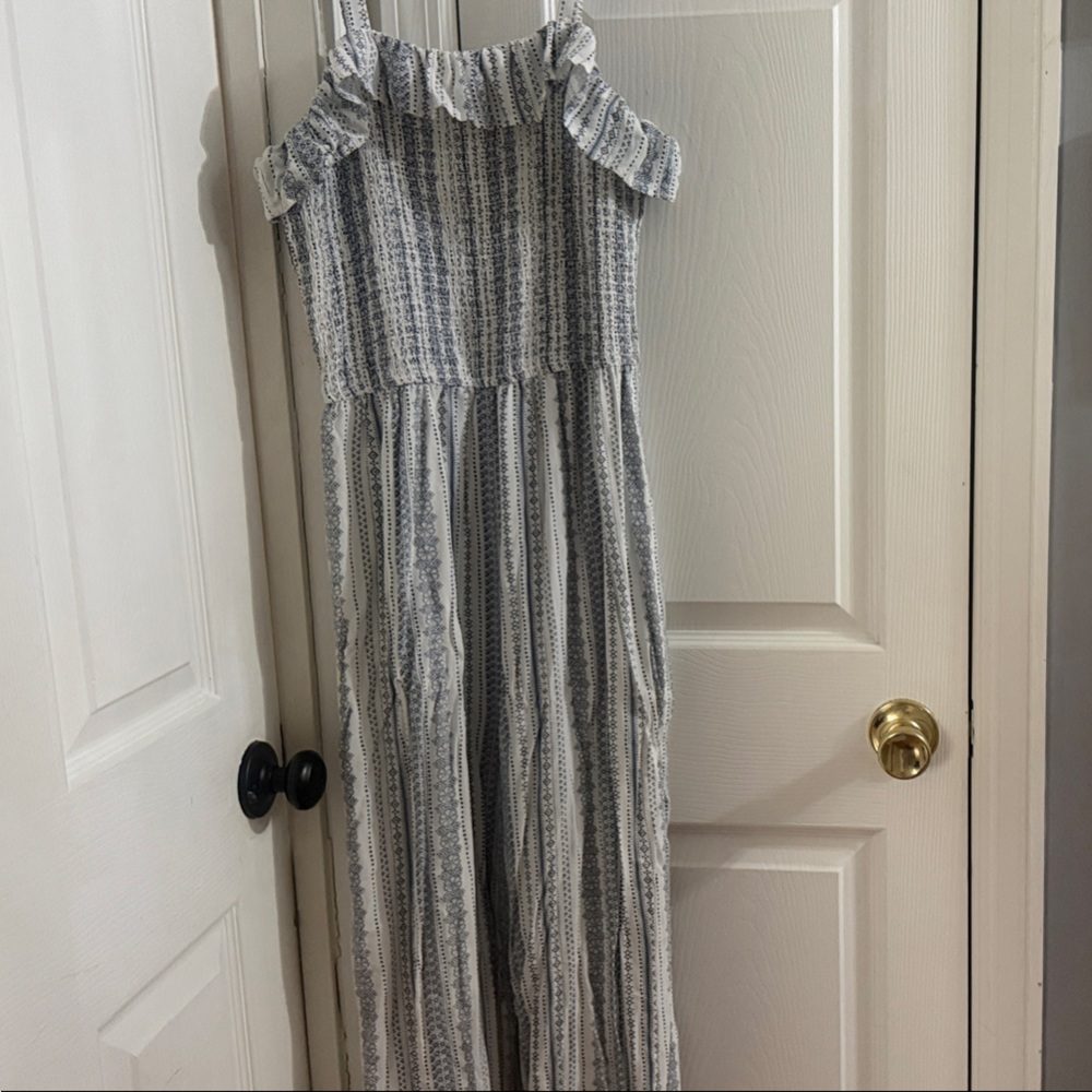 Striped Ruffle-Trim Jumpsuit in White and Blue